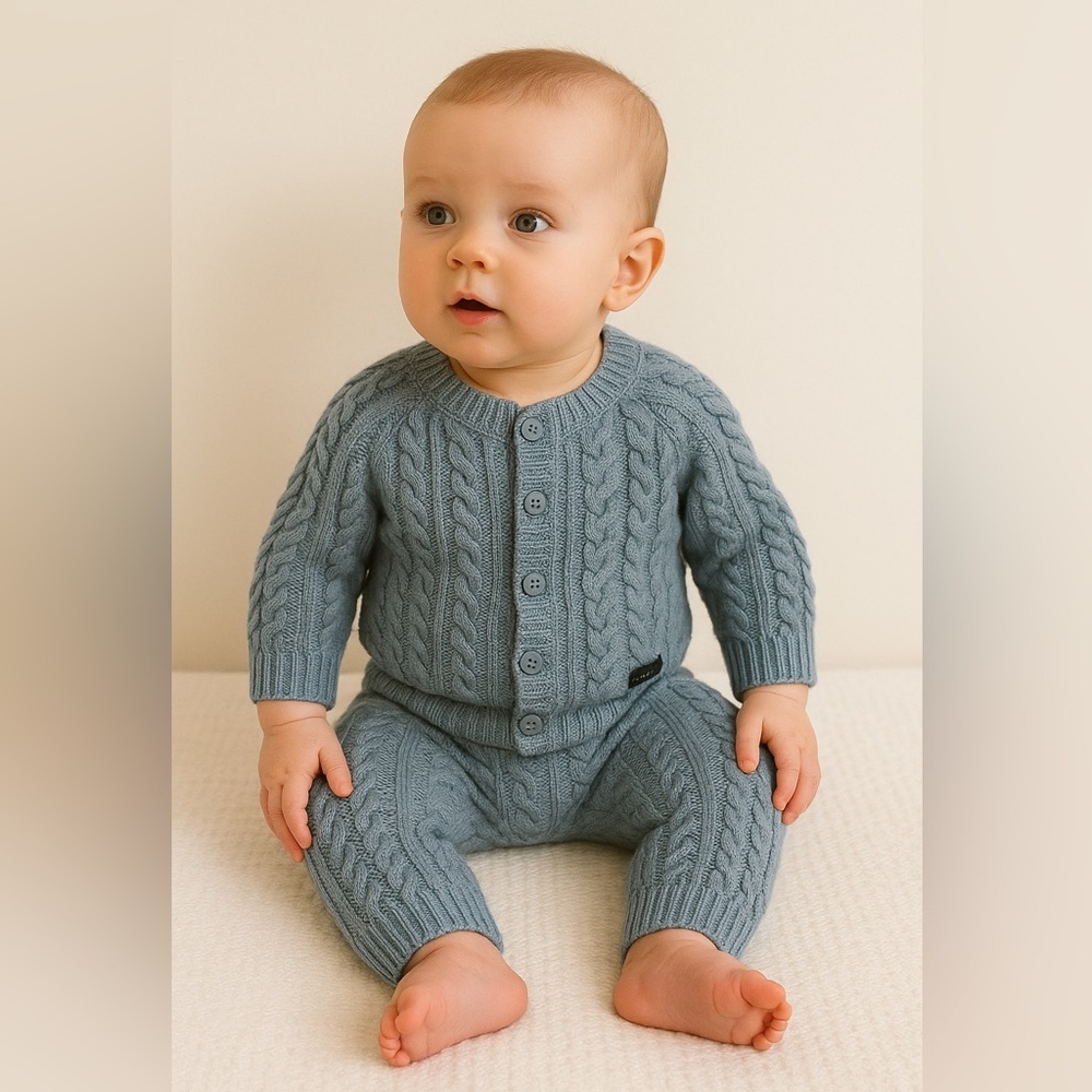 • Burberry • Authentic Baby Button Down Cardigan 
Cable Knit Pants Blue 6 M Wool